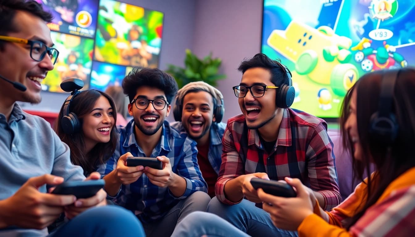 Exciting players engaged in MV88 game online gaming session with vibrant graphics and modern devices.