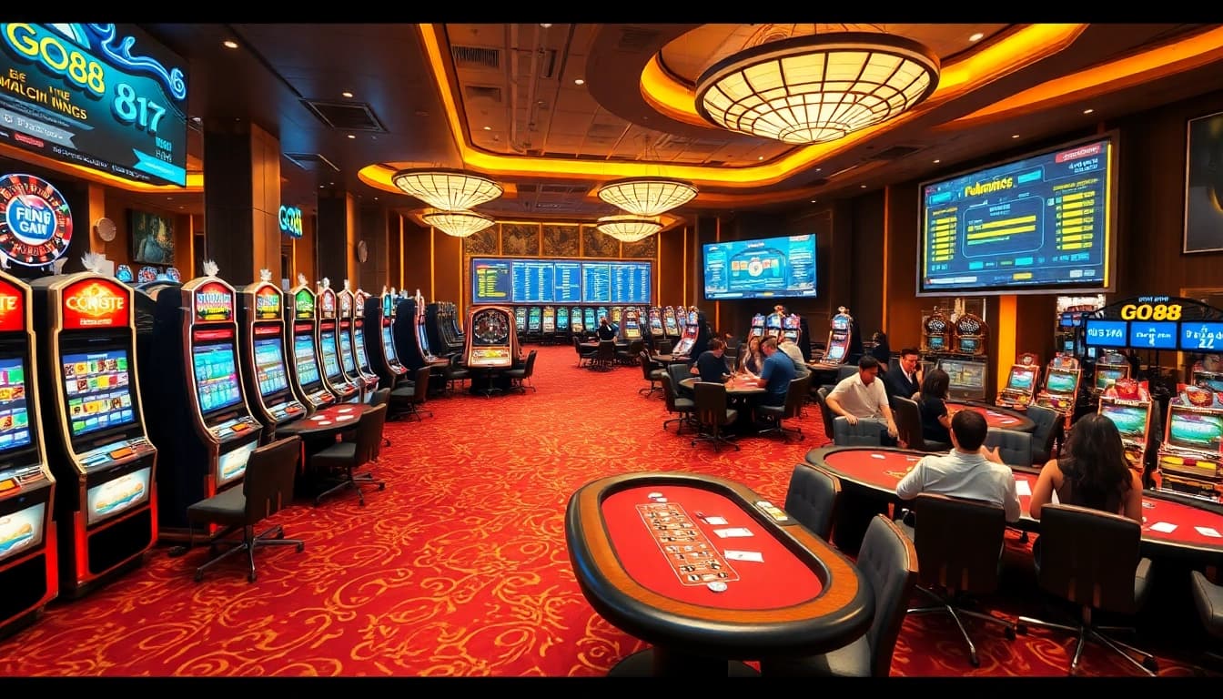 Exciting gameplay at GO 88 with illuminated slot machines and poker tables.