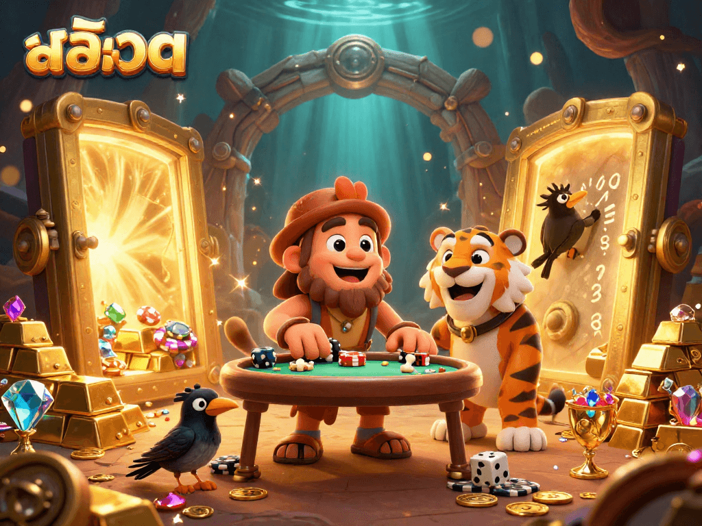 Experience thrilling สล็อต gameplay with a prehistoric casino scene featuring cavemen and treasures.