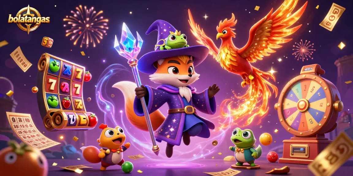 Experience the excitement of bolatangkas with this vibrant 3D illustration featuring dynamic slot game elements and enchanting characters.