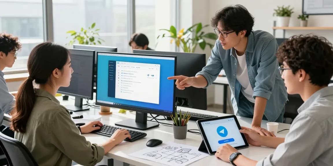 Collaborative workspace showcasing Telegram Download on multiple devices, highlighting professional teamwork and innovation.