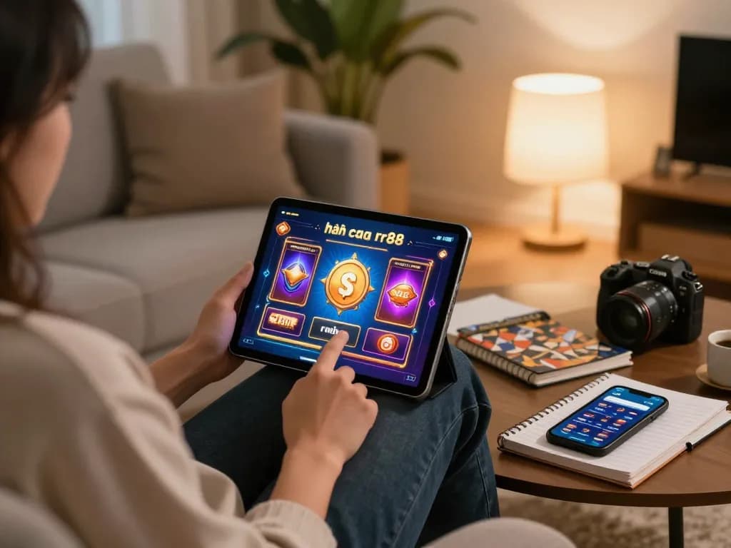 Engaging online gaming moment at nhà cái rr88, showcasing vibrant tablet gameplay in a stylish setting.