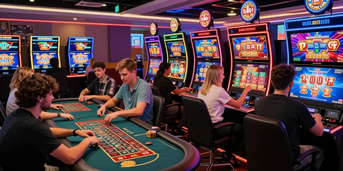 Slot depo 5k players enjoying a lively gaming experience in a modern casino with vibrant screens and joyful celebrations.