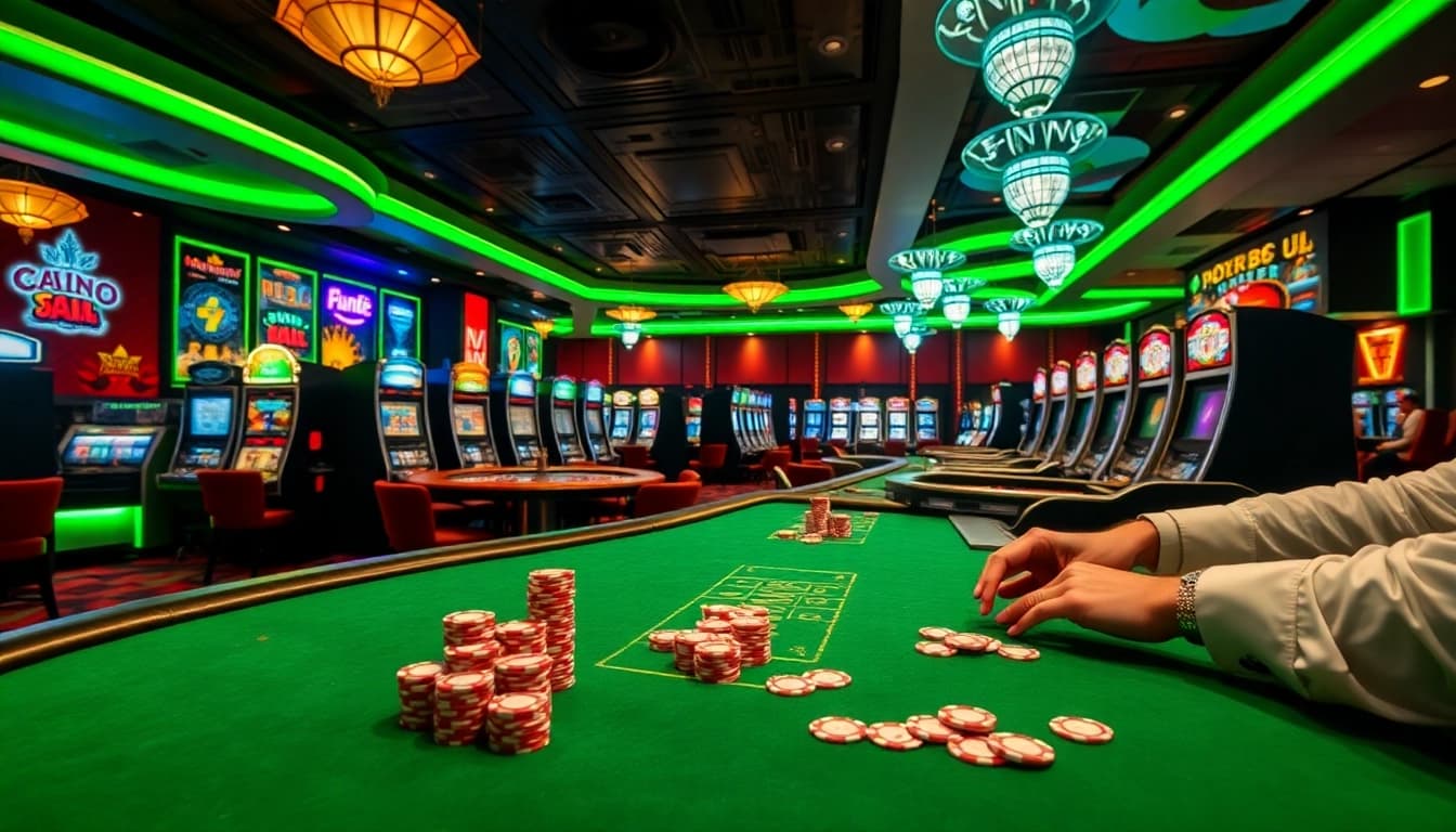 SODO casino scene showcasing high-stakes poker tables, vibrant slot machines, and exciting gameplay.