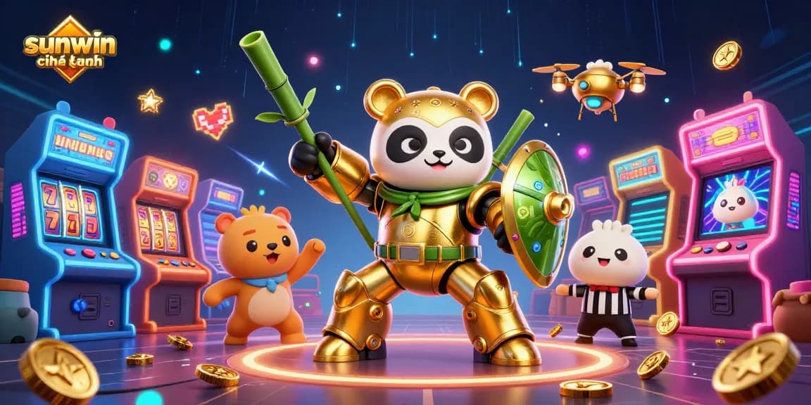 Play exciting slots with sunwin chính hãng surrounded by vibrant game machines and cheering animals.