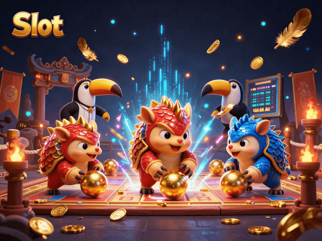Watch slot pangolins battle with golden coins in a vibrant casino-themed scene.