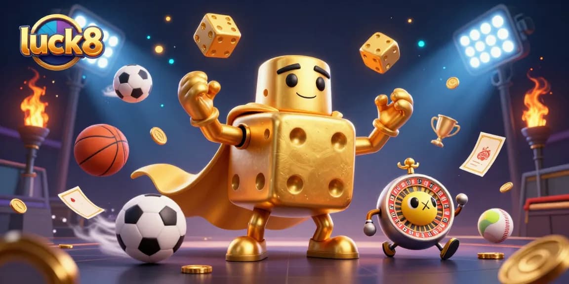 Engage with luck8's thrilling gaming experience featuring a golden dice golem and vibrant sports elements.