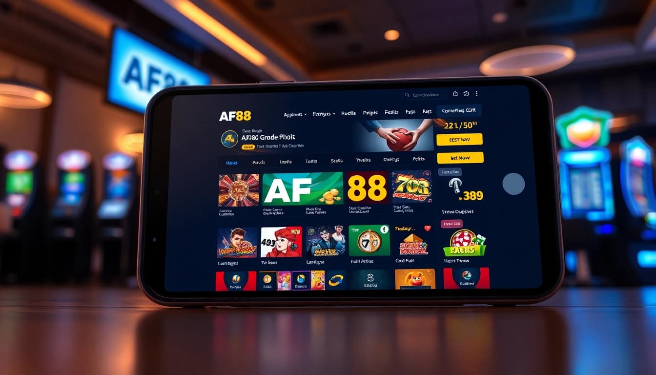Illustration of AF88 com online gambling platform displaying sports and casino games with customer support features.