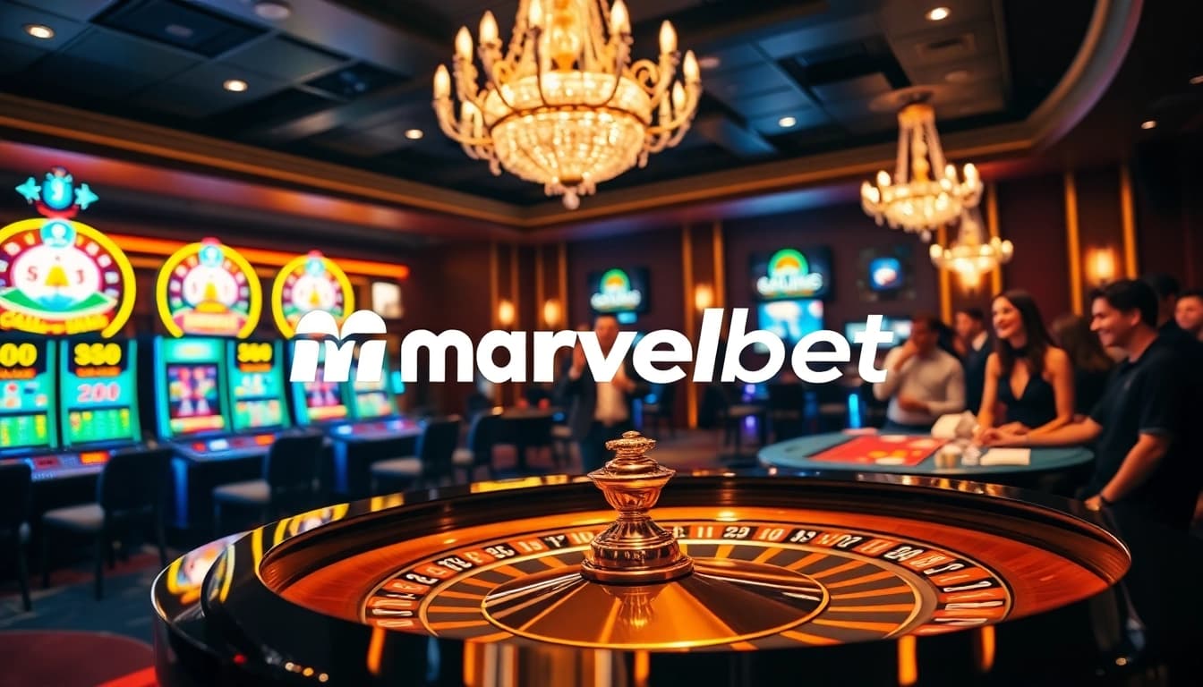 Marvelbet casino scene showcasing roulette, slots, and exciting gaming atmosphere.
