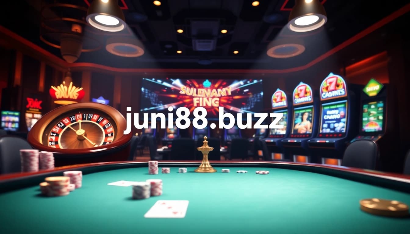 Experience online betting excitement at jun88.buzz with vibrant casino visuals featuring poker tables and slots.