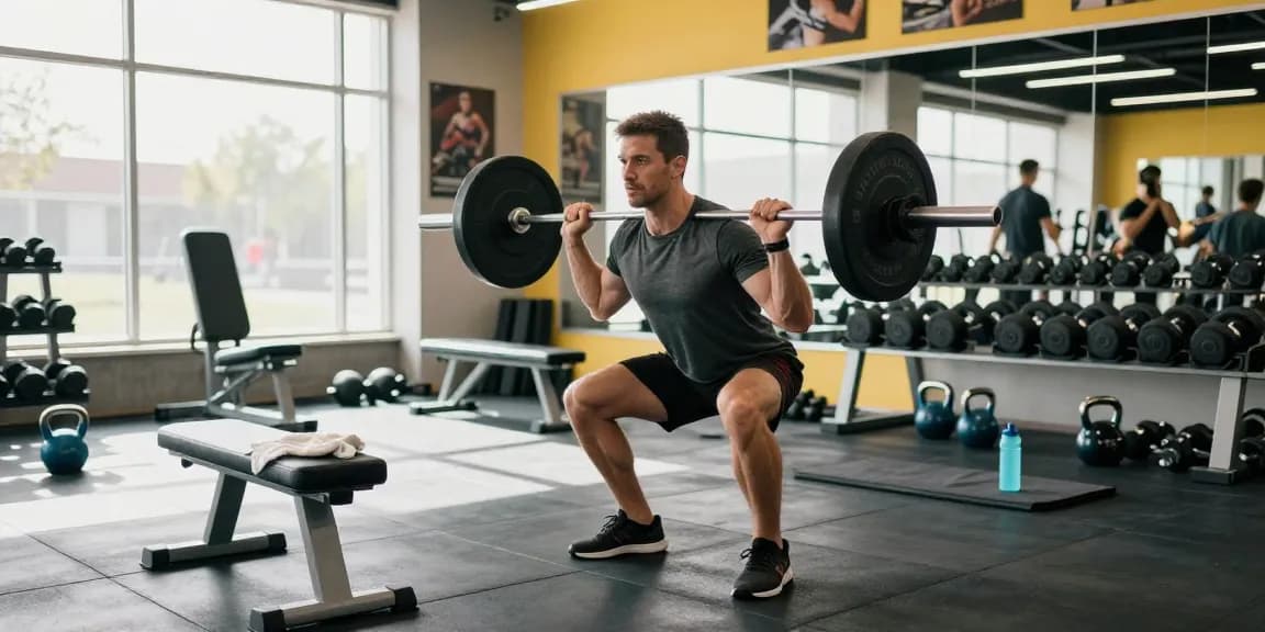 Man exercising at Unique Pharma Steroid Shop gym, showcasing focused workout atmosphere with weights and fitness gear.