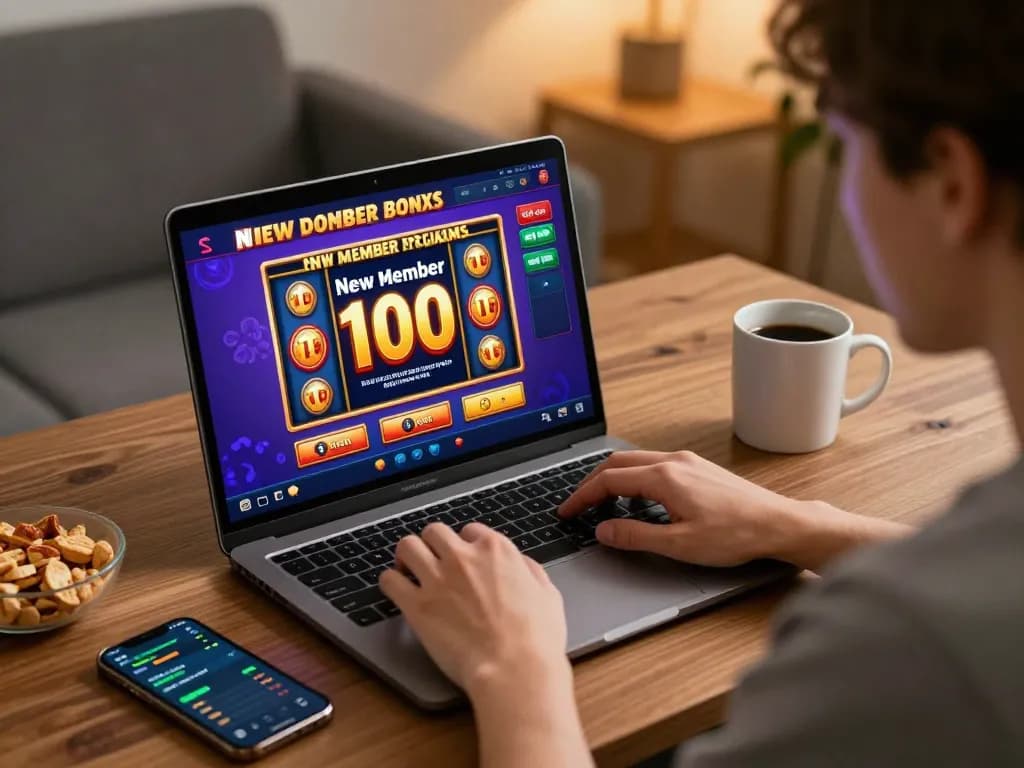 Engaging scene with player activating slot bonus new member 100 on laptop in home office.