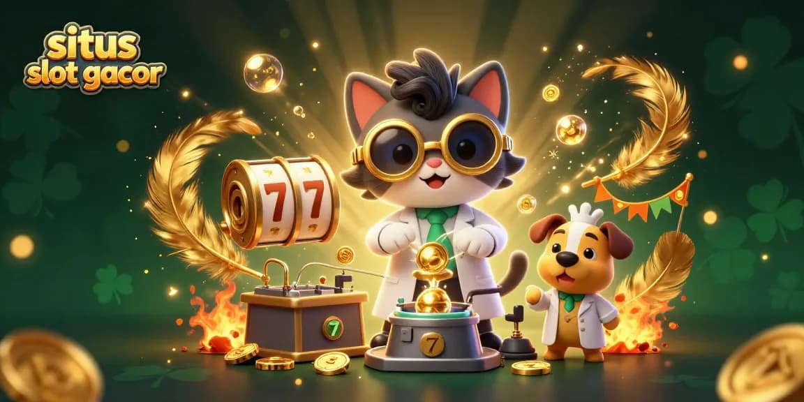 Menangkan di situs slot gacor dengan ilustrasi menyenangkan perayaan kasino yang penuh dengan koin emas dan karakter unik.