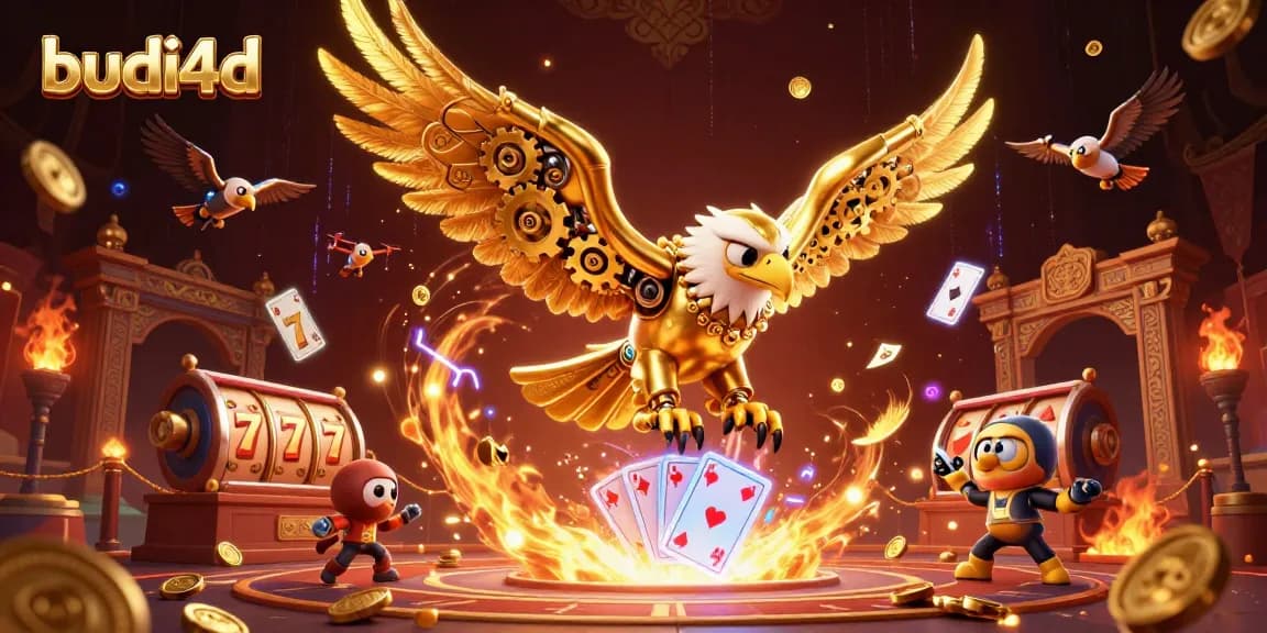 Budi4d showcases an engaging online slot experience with animated golden eagle diving through playing cards.