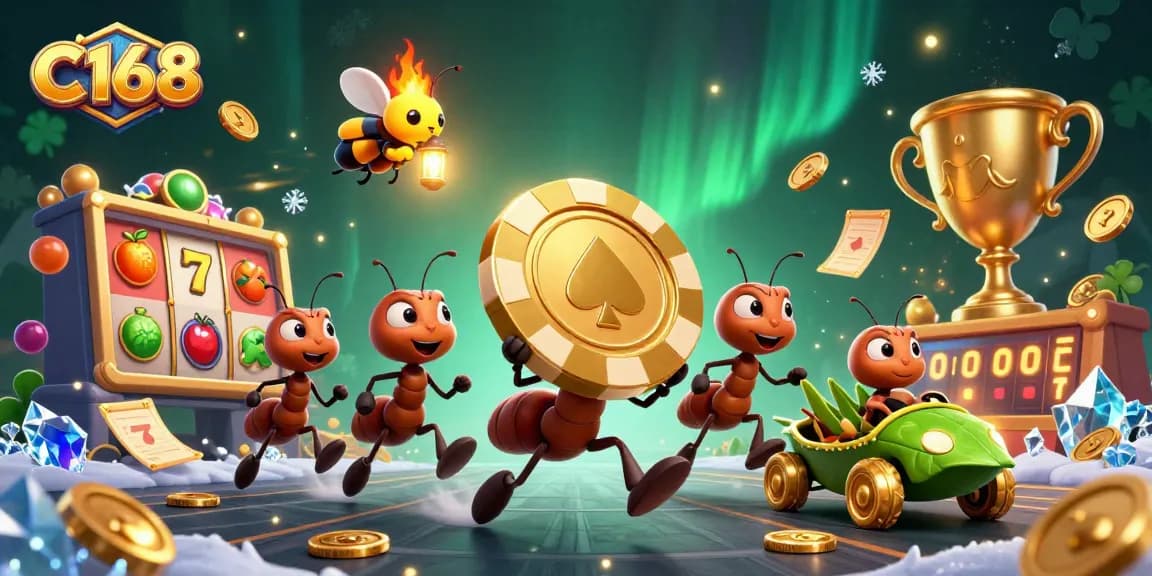 Experience thrilling casino action with C168's heist scene showcasing playful ants and vibrant slot elements.