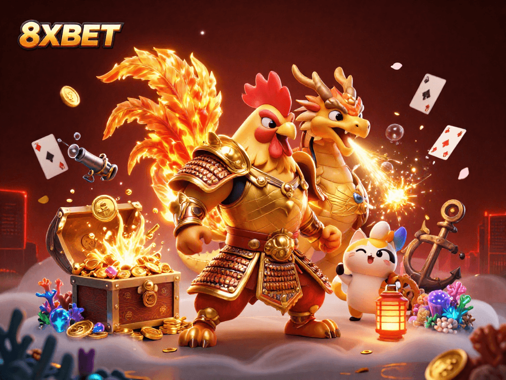 Experience thrilling action with 8XBET's cartoon casino adventure featuring dynamic characters and rich visual effects.