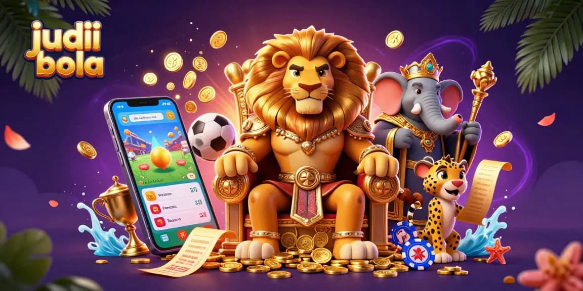 Experience thrilling judi bola action with a lion king, wise elephant, and cheetah in a vibrant sports betting scene.