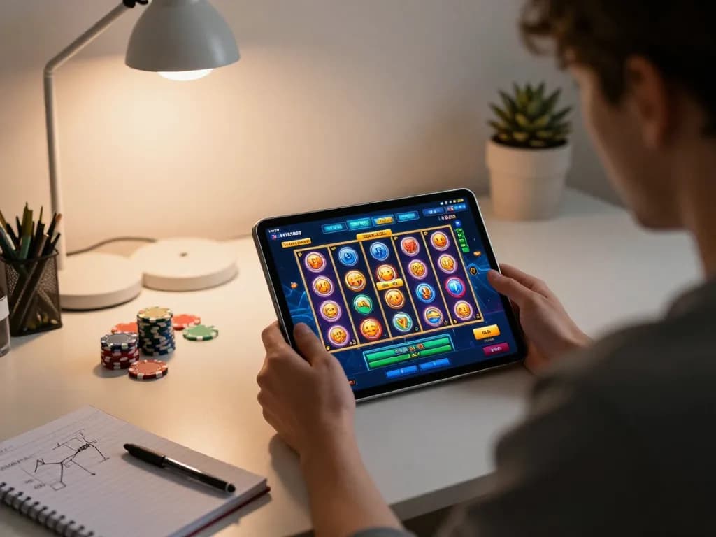 Engaging in slot online gameplay on a tablet with vibrant graphics and strategic notes.