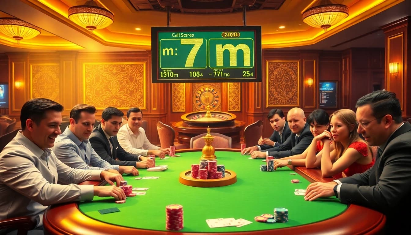 Players enjoy a thrilling poker game at a casino featuring 7m betting odds and vibrant atmospheres.