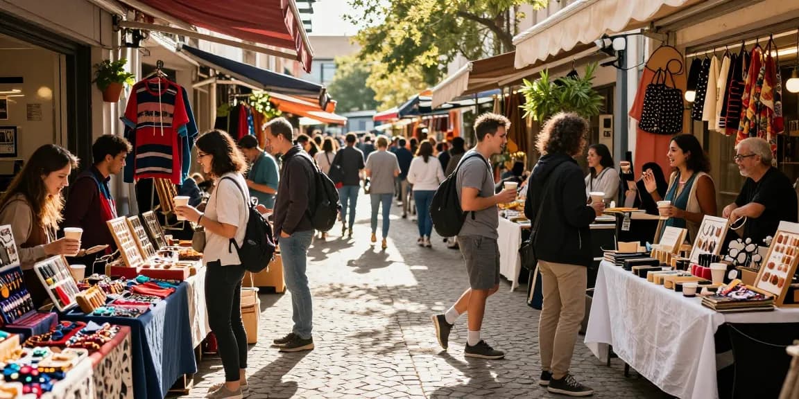 Vibrant urban shopping scene with shoppers exploring local goods at https://forumup.org/shop/search.php?ca_id=&addr1=&addr2=&addr3=&schKeyword= in a lively marketplace.