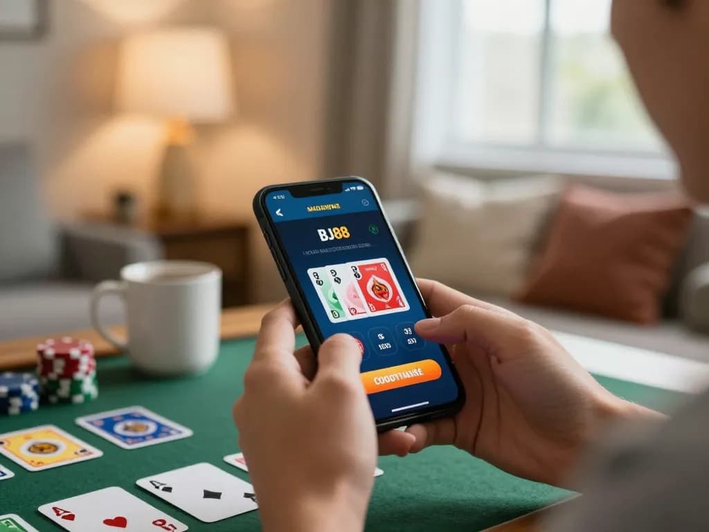 Player enjoying online blackjack on BJ88 app in cozy home setting with smartphone