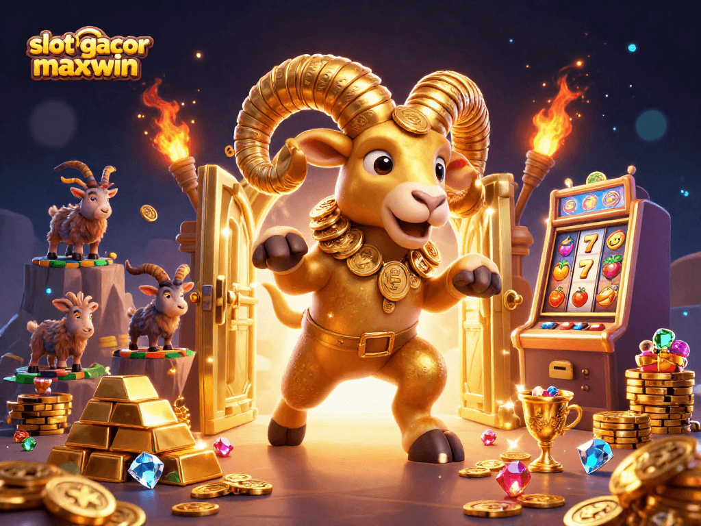 Permainan slot gacor maxwin dengan domba emas besar di depan pintu harta karun yang terbuka.