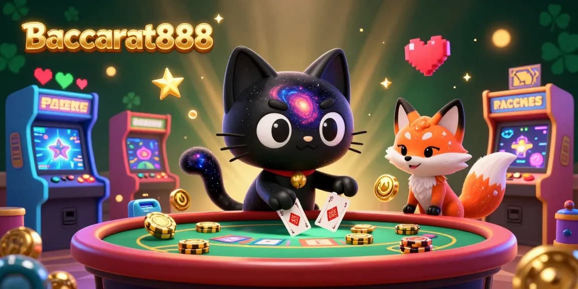 Engage in Baccarat888 with a cosmic casino scene showcasing a black hole cat and colorful gas fox pulling in chips.
