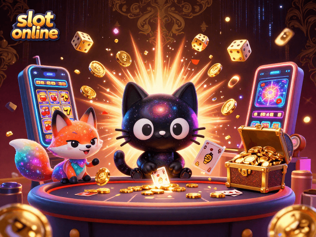 Experience the excitement of slot online games with a cosmic cat and enchanting fox at a casino table.