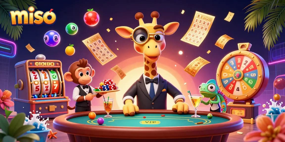 Engage with miso games and vibrant casino elements in this dynamic 3D illustration.