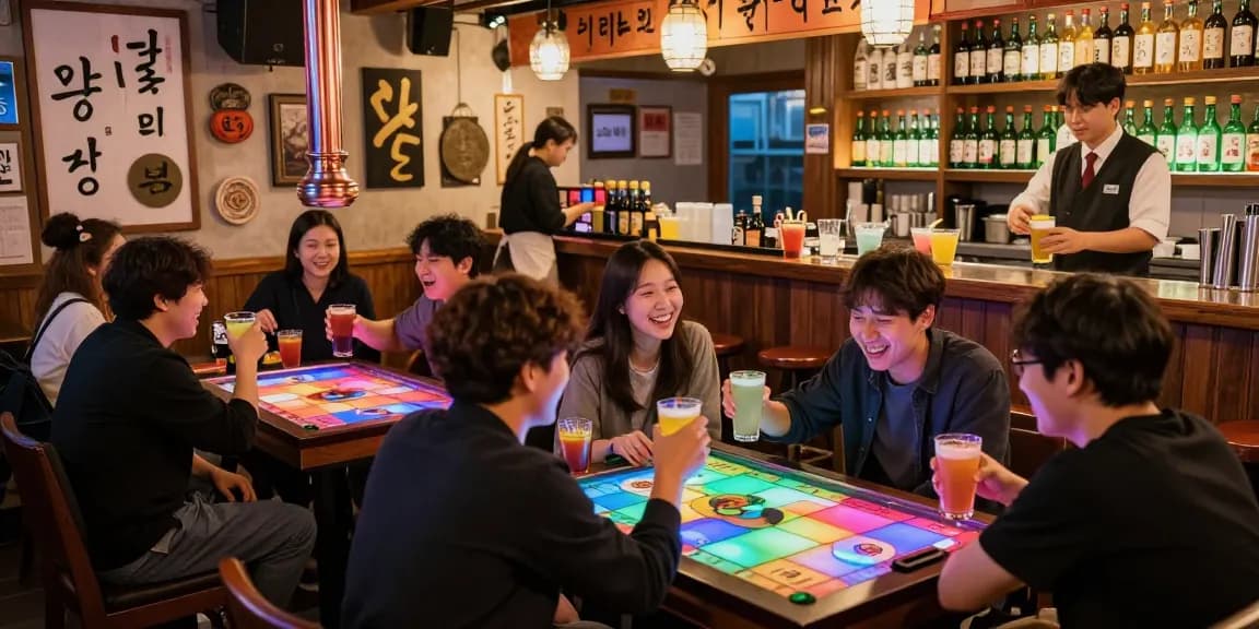 Experience vibrant nightlife at 상봉동 한국관나이트, with guests enjoying drinks and laughter in a lively Korean lounge.