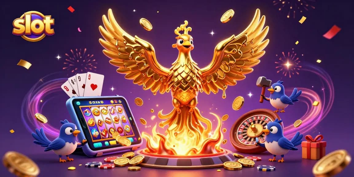 Experience thrilling slots with a golden phoenix emerging as coins rain down in this dynamic casino illustration.
