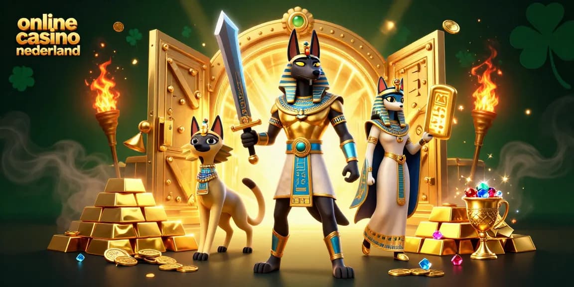 Experience the excitement of online casino nederland with Anubis and Bastet in a vibrant 3D illustration.