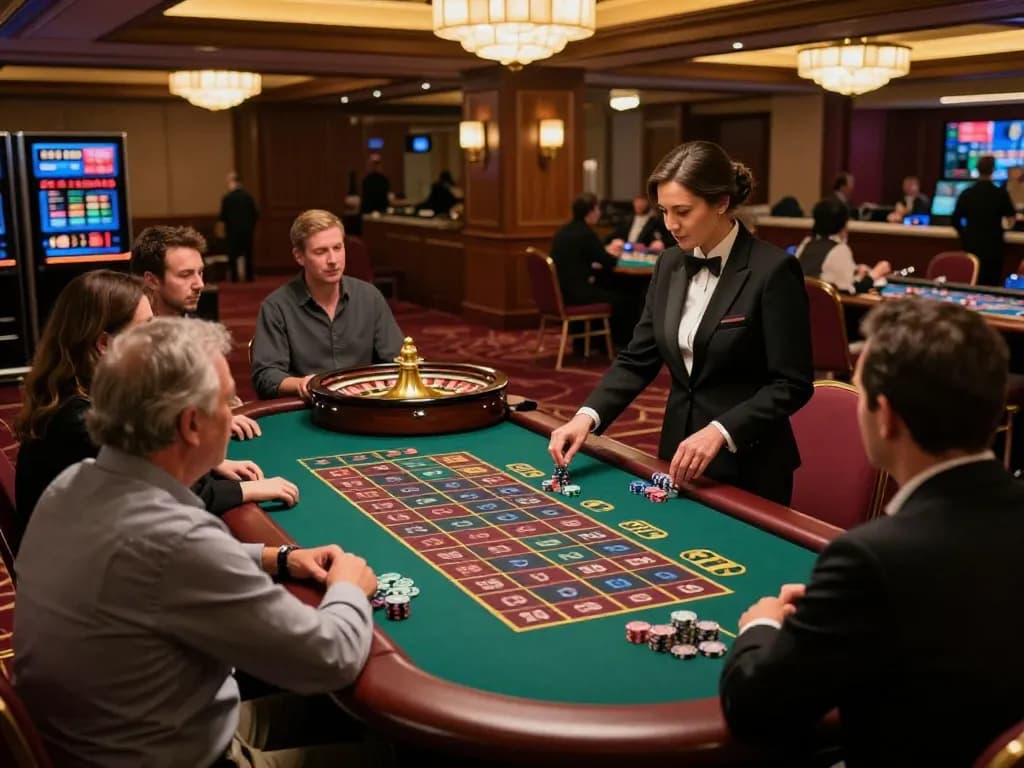Experience the excitement of 388bet at an active roulette table with players and croupier.