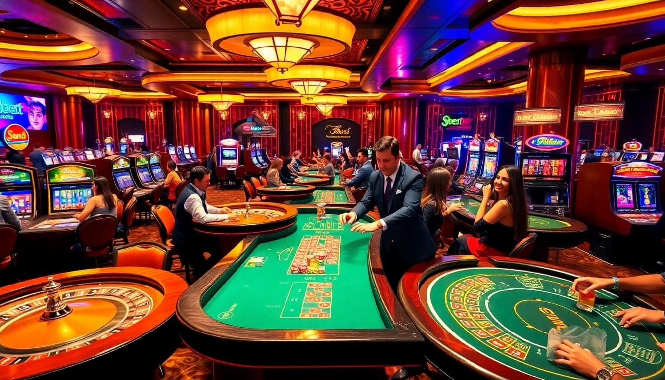 Players enjoying a thrilling night at the 88bet casino, surrounded by vibrant tables and slot machines.