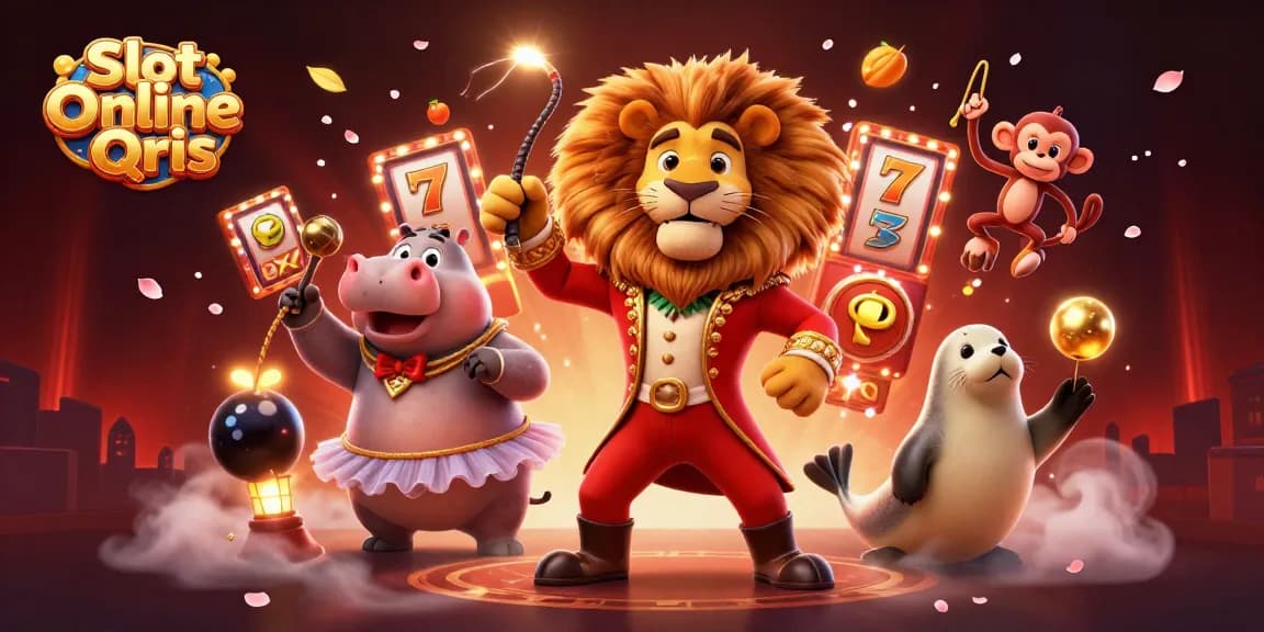 Win at Slot Online Qris with vibrant circus characters and spinning reels for an engaging experience.