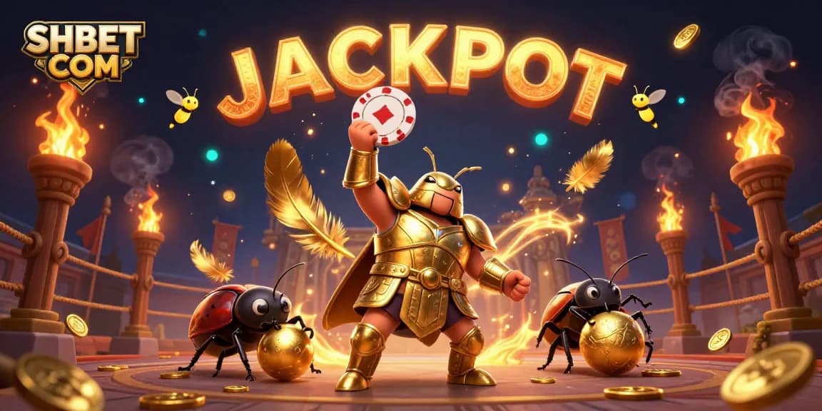 Engage with vibrant SHBET COM casino excitement through a cartoon illustration showcasing a 3D beetle champion.