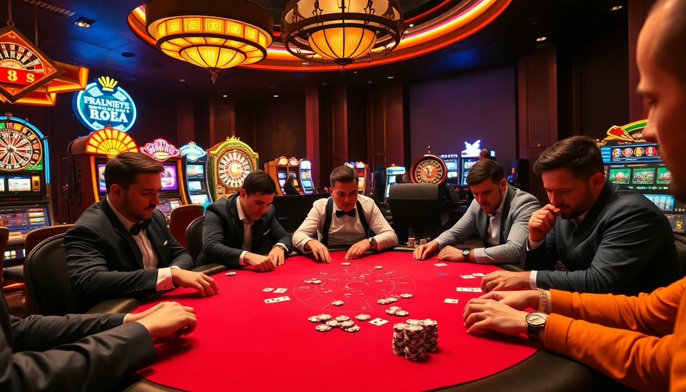 Experience exciting gambling action at sunwin88.art with players at a vibrant casino table.