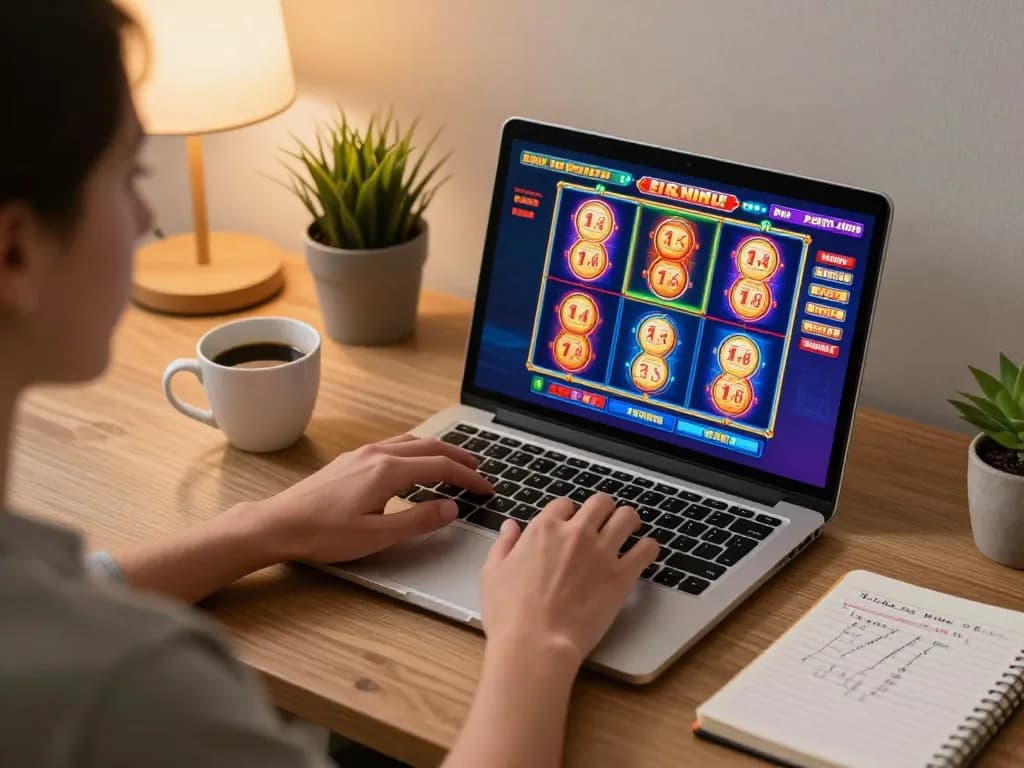 Engaging player spinning online slot game on a laptop, showcasing vibrant interface and strategic betting notes.