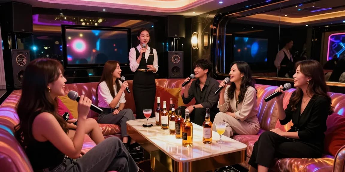 Experience the vibrant atmosphere of 강남 가라오케 with friends enjoying luxury karaoke in a private room.