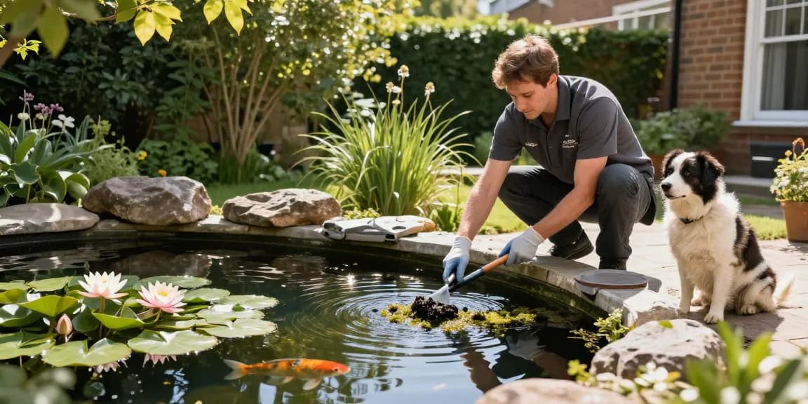 Pond Clean London: Professional cleaning service refreshing a koi pond in a vibrant London garden.