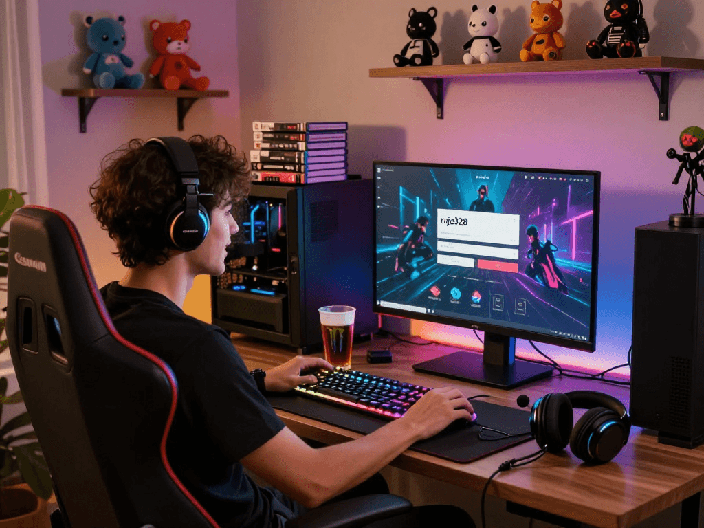 Excited gamer at home using raja328 login on laptop with vibrant gaming accessories.