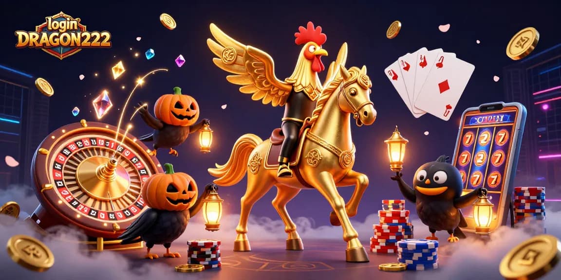 Experience login DRAGON222 in this vibrant casino scene with gold coins and dynamic gaming elements.