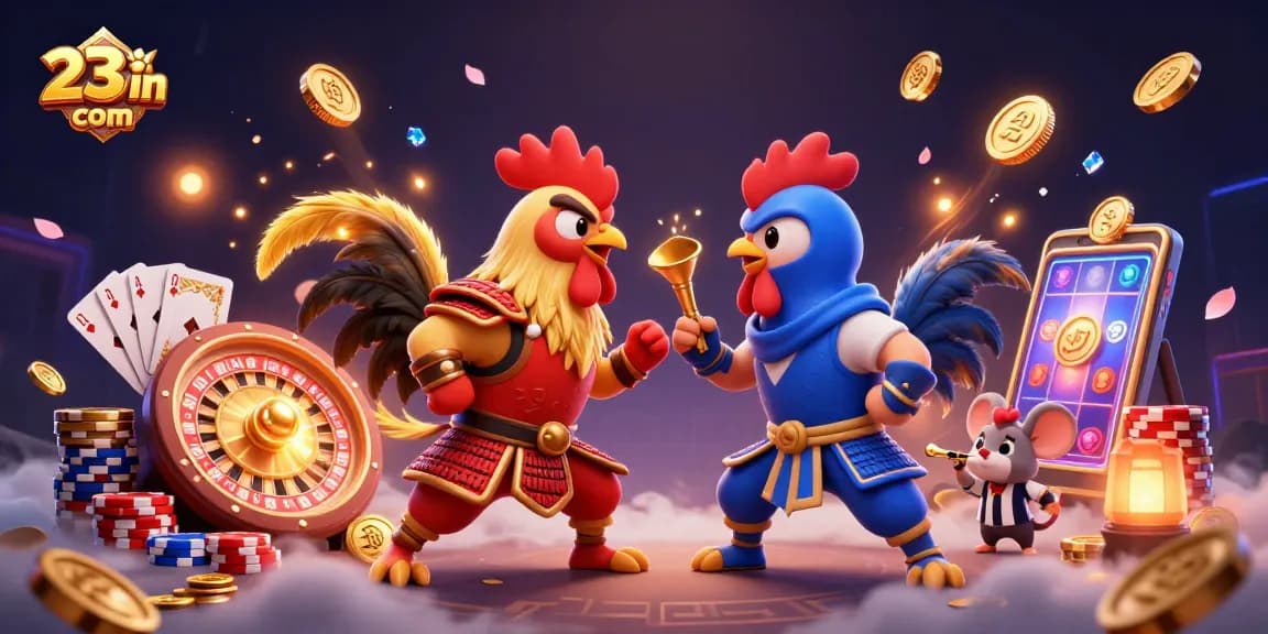 Cascade golden coins and gems while battling with roosters at 23win com live casino.