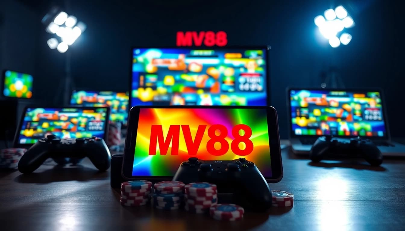 MV88 game digital gaming scene showcasing modern devices and vibrant atmosphere.