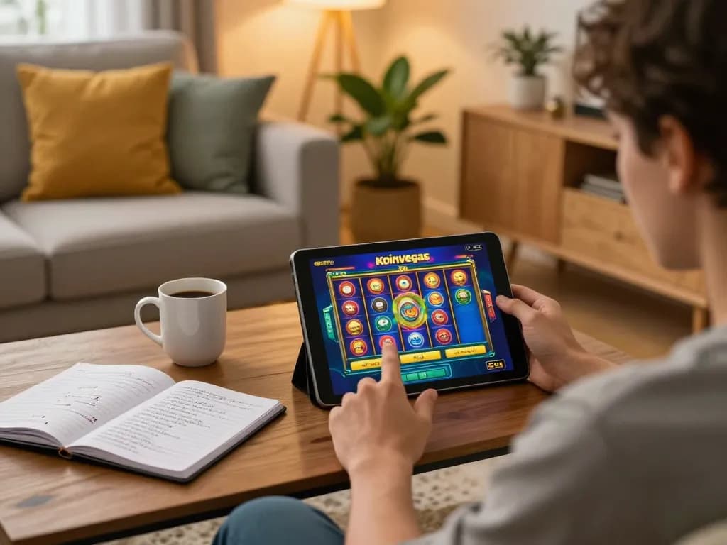 Koinvegas slot gaming experience displayed on a tablet in a cozy home setup.