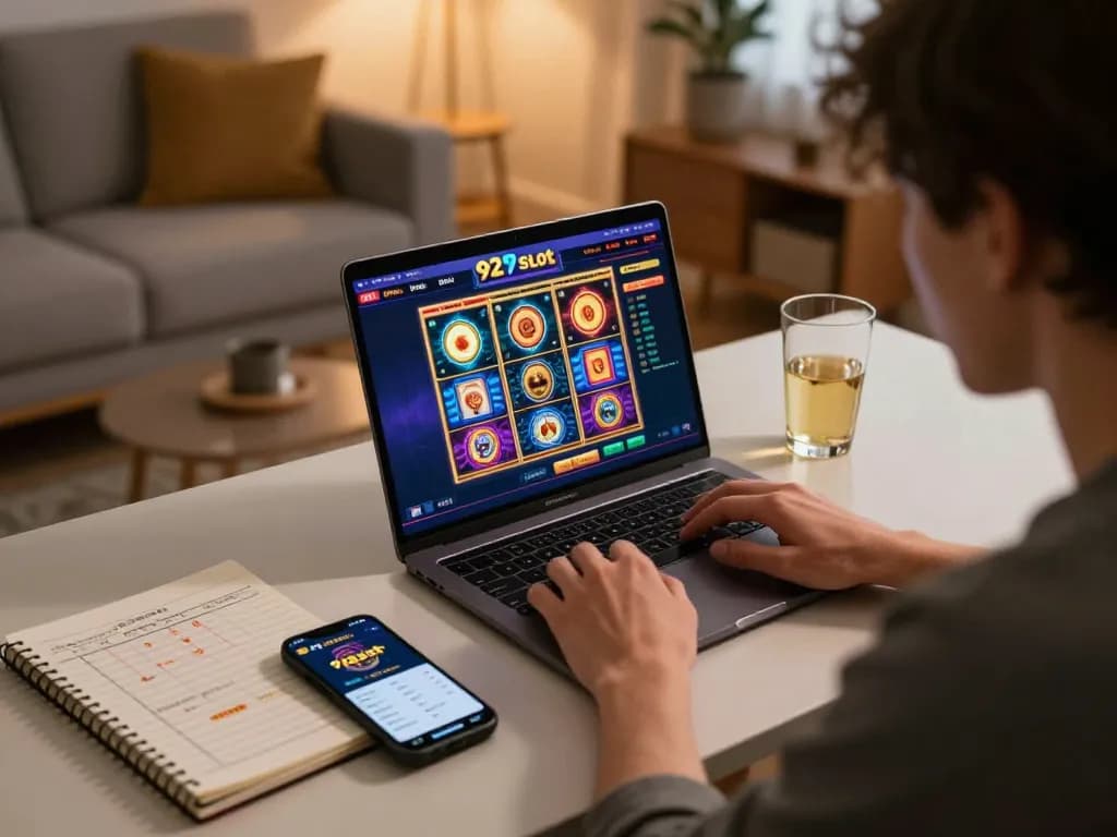 Person enjoying online gameplay on 92slot's platform at home, showcasing strategies and gaming interface.