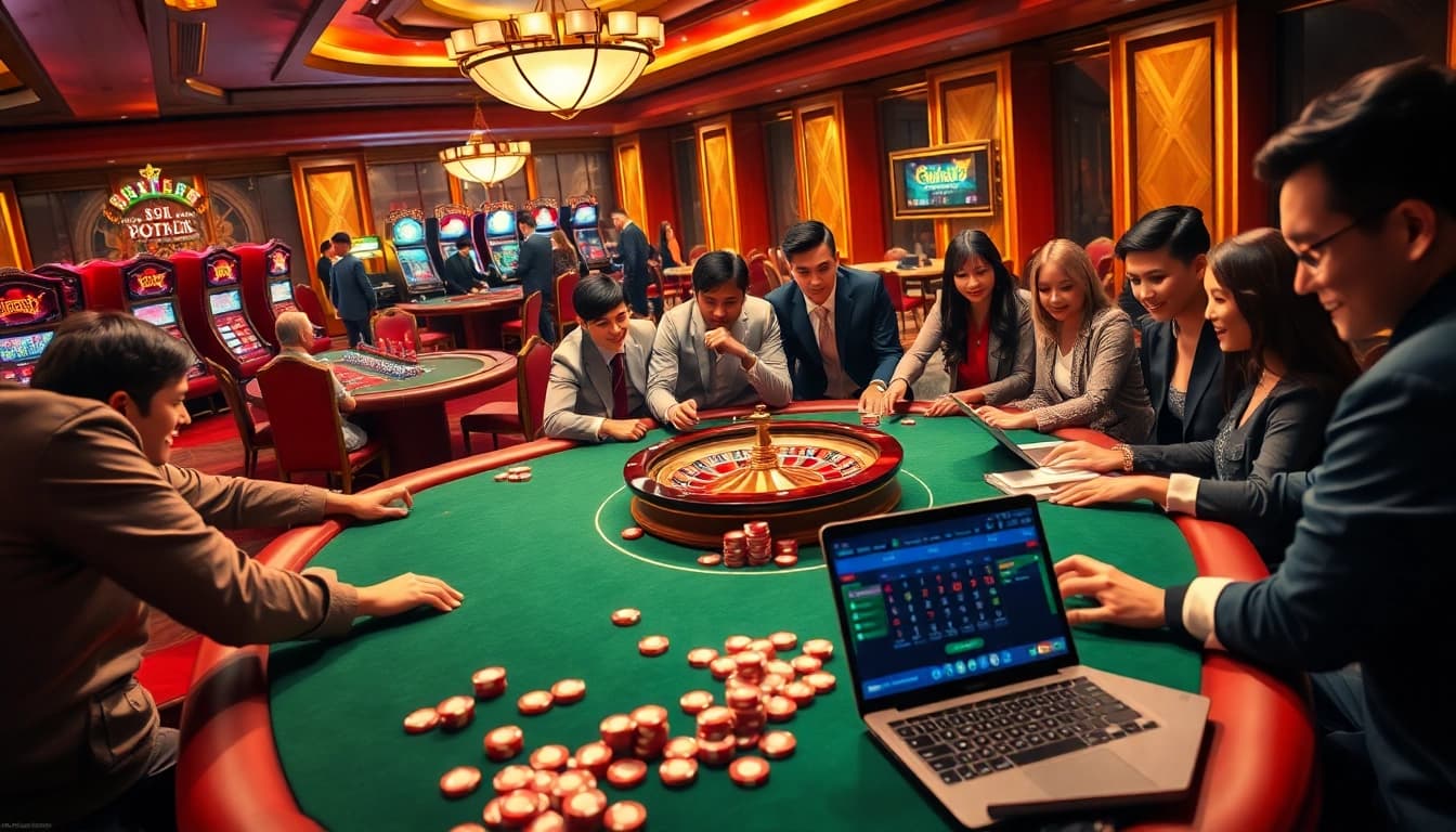 Engage in the thrilling rr 88 online casino experience, surrounded by players at vibrant tables and slot machines.