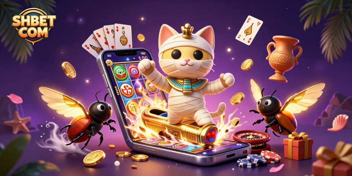 Engage with excitement at SHBET COM, featuring a lively Egyptian casino scene with a mummy cat and scarab companions!