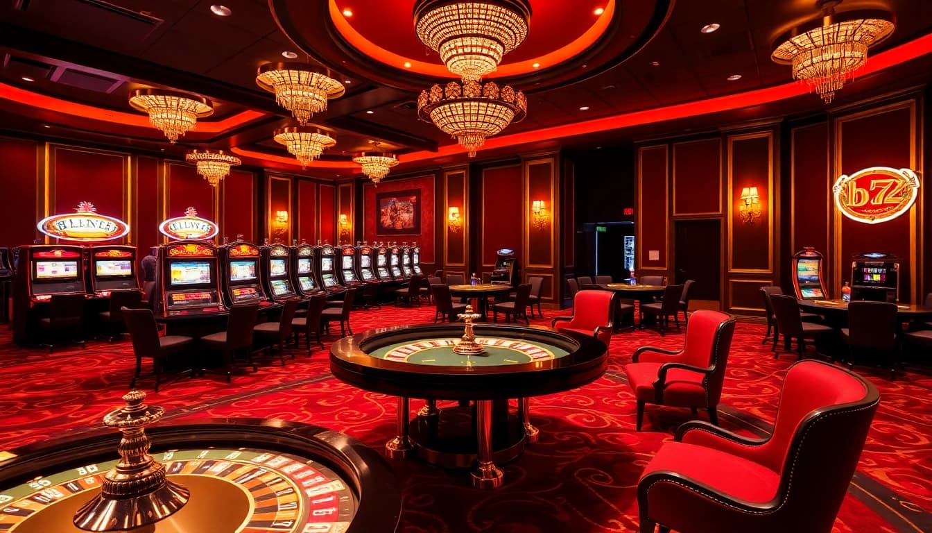 B52 club vibrant casino scene with poker tables and slot machines showcasing excitement.