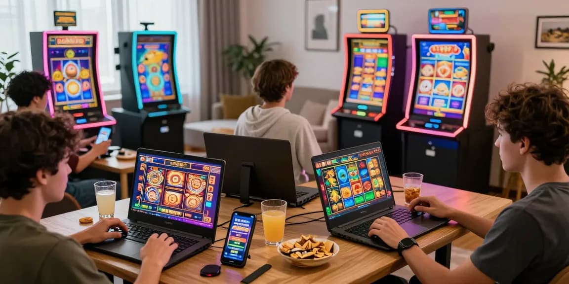 Players enjoying rokok88 alternatif online slot games in a lively home setting